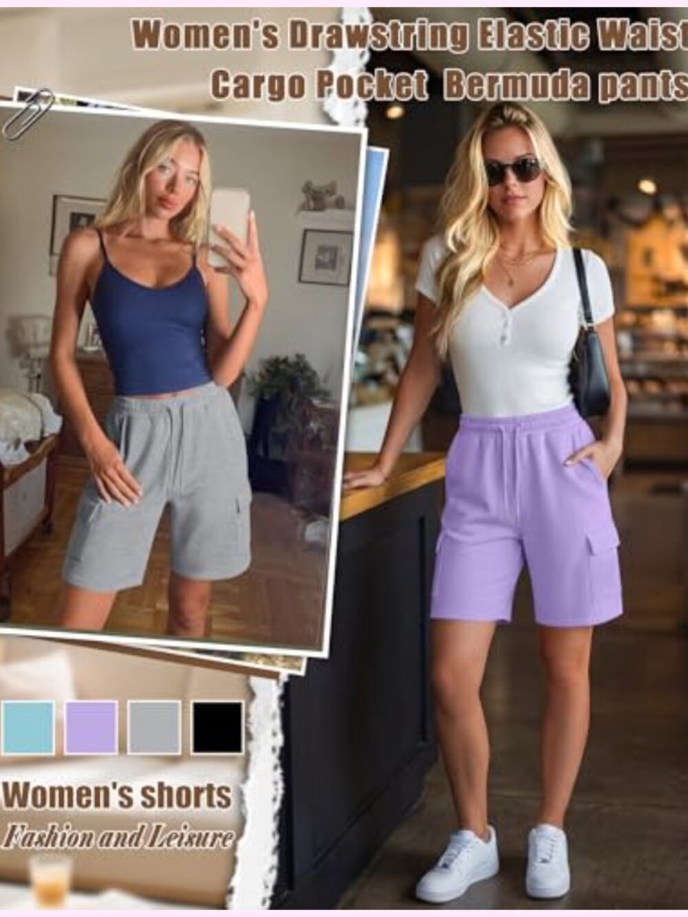 4 Pack Women's Bermuda Shorts Drawstring Knee Length Cargo Shorts Loose Casual - Picture 3 of 6